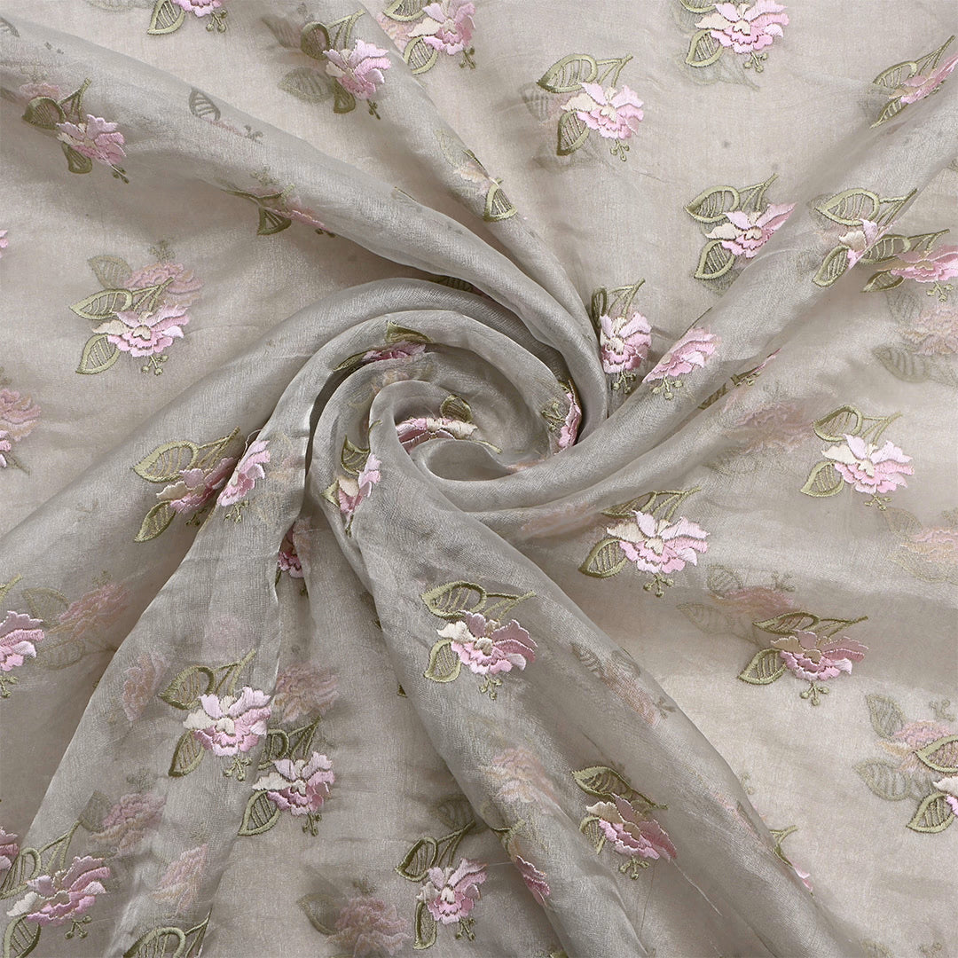 Timberwolf Silver Tissue Embroidered Fabric