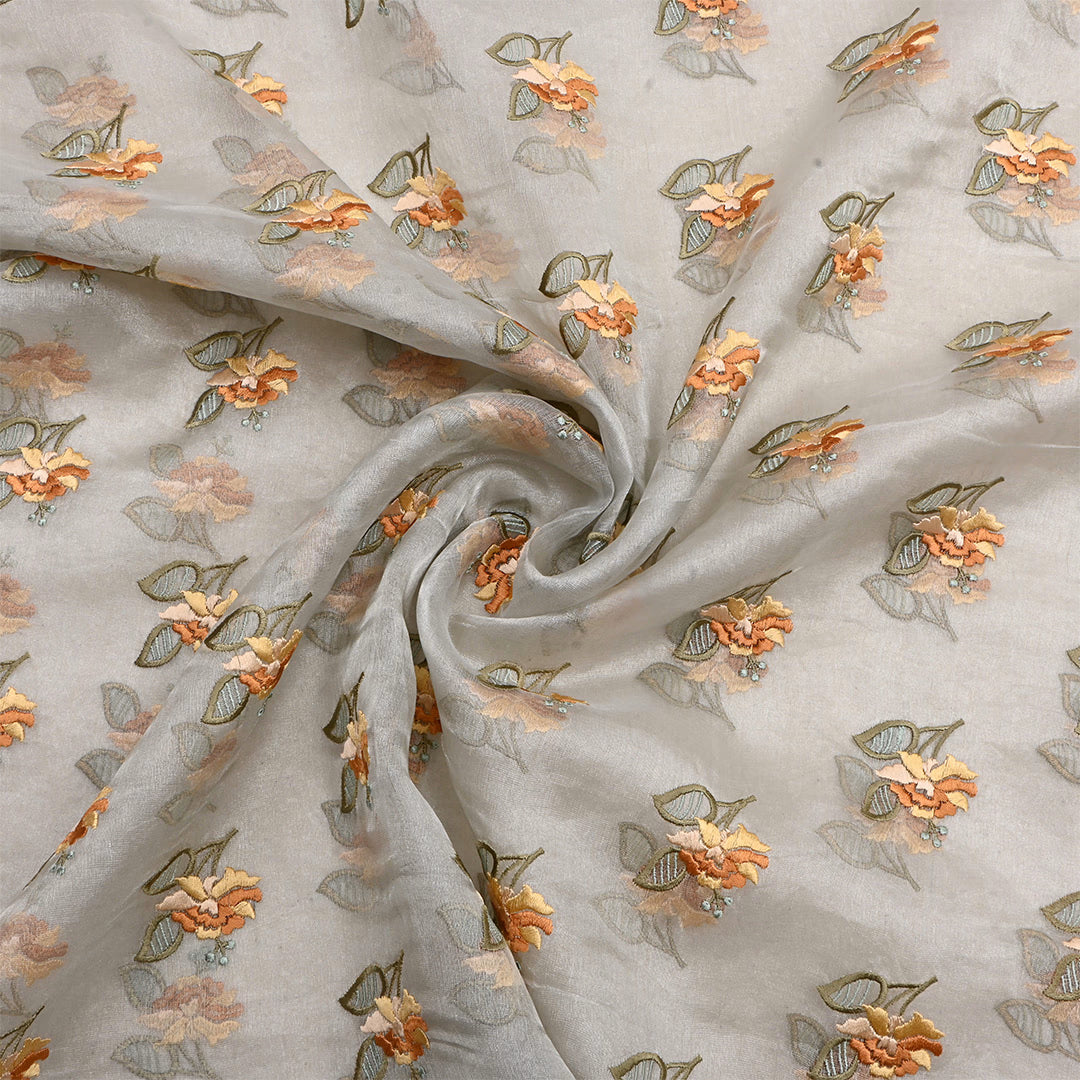 Pastel Gray Tissue Floral Embroidered Fabric