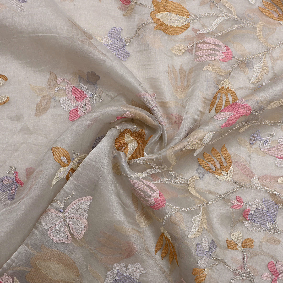 Light Silver Tissue Organza Embroidered Fabric