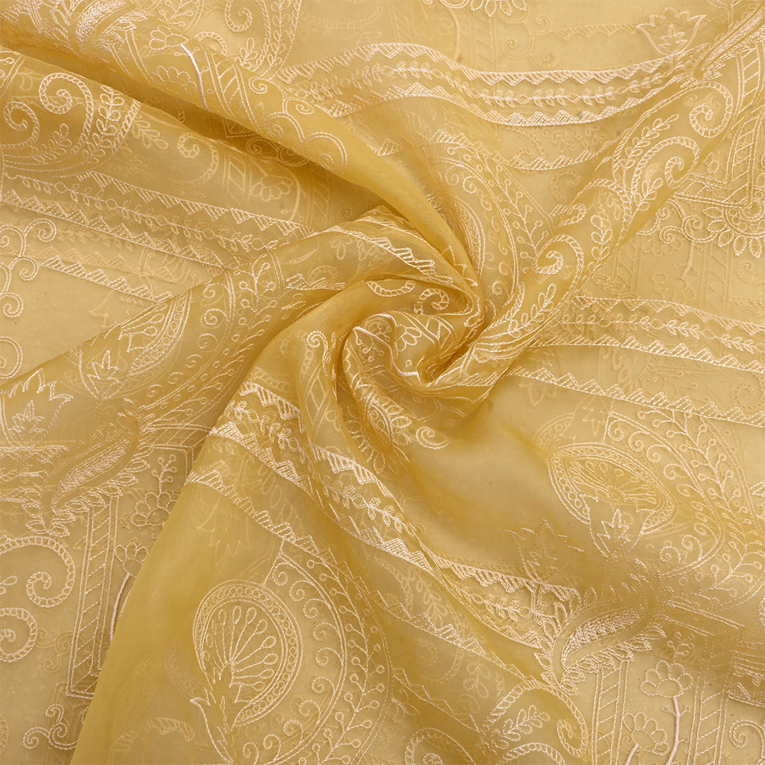 Dairy Yellow Organza Threadwork Fabric