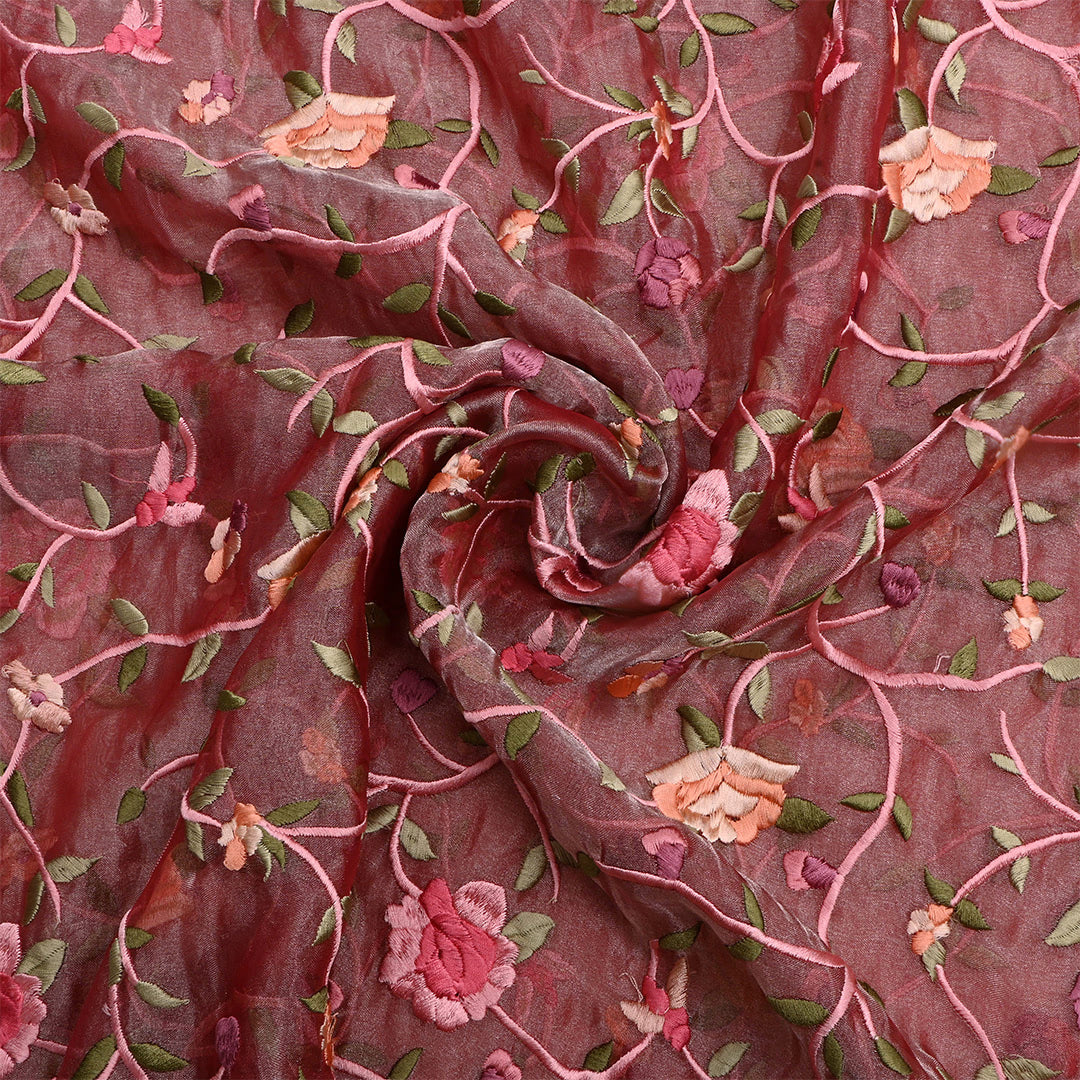 Lotus Red Tissue Floral Embroidery Fabric