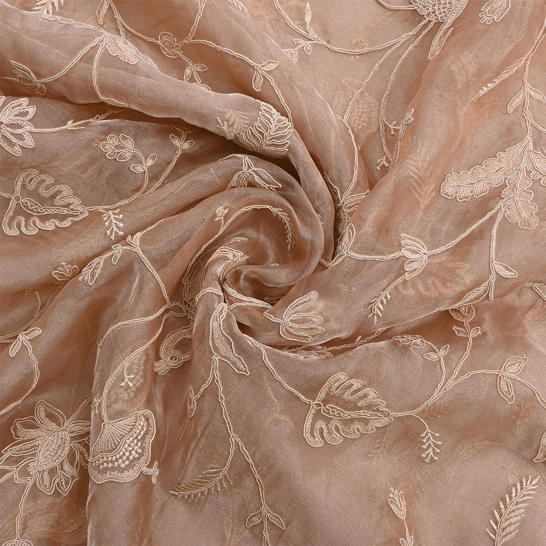 Peachy Pink Tissue Embroidered Fabric