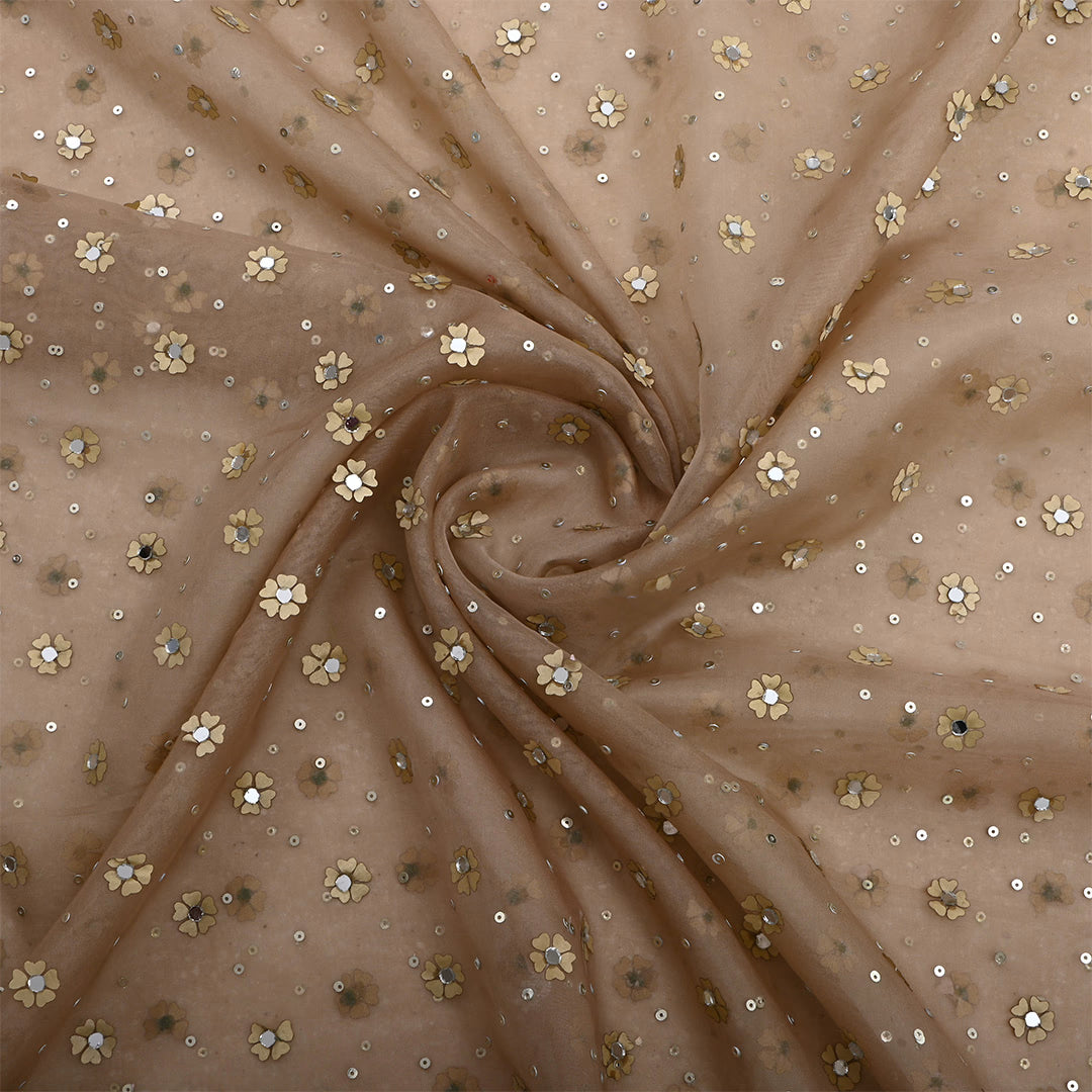 Hardwood Brown Organza Sequins Work Fabric