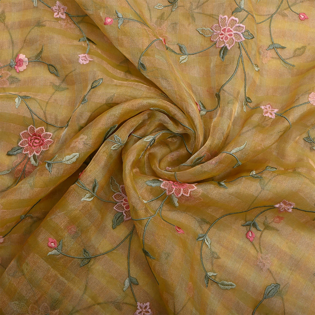 Trombone Yellow Tissue Embroidered Vine Fabric