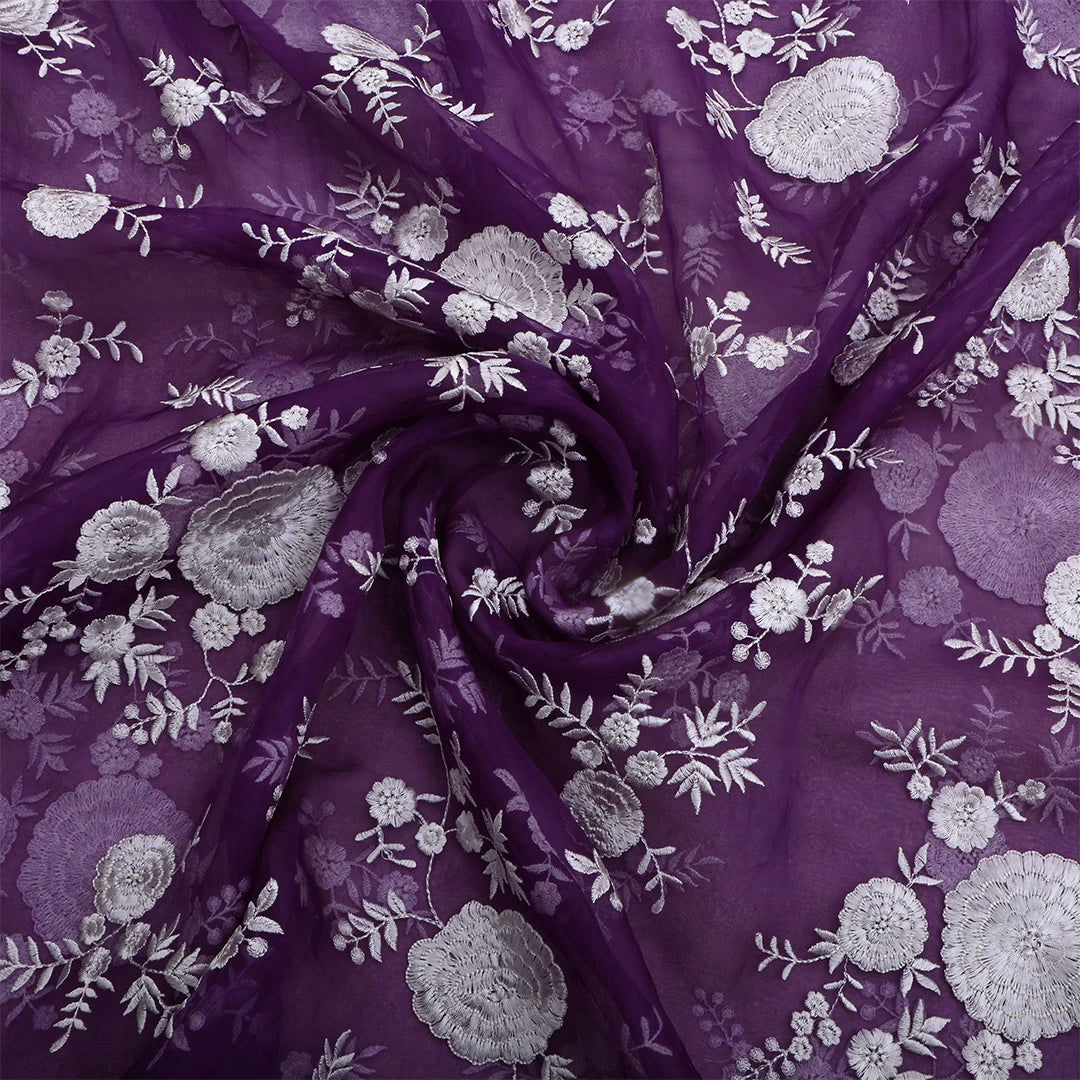 Deep Violet Organza Embroidered Fabric