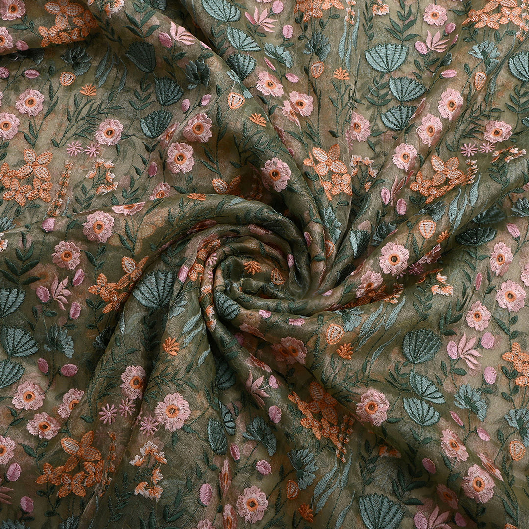 Donkey Brown Tissue Floral Embroidered Fabric