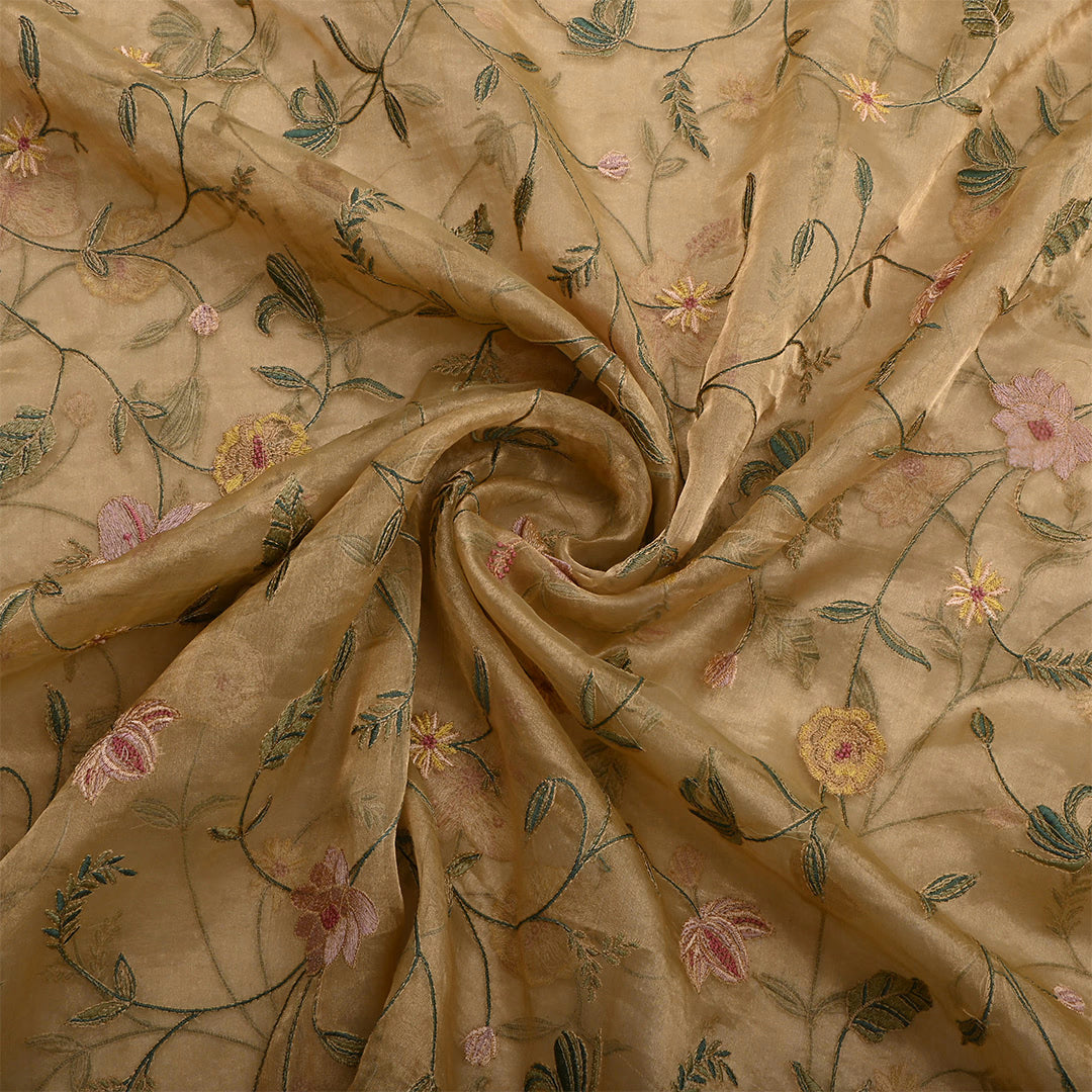 Dark Beige Tissue Embroidered Fabric