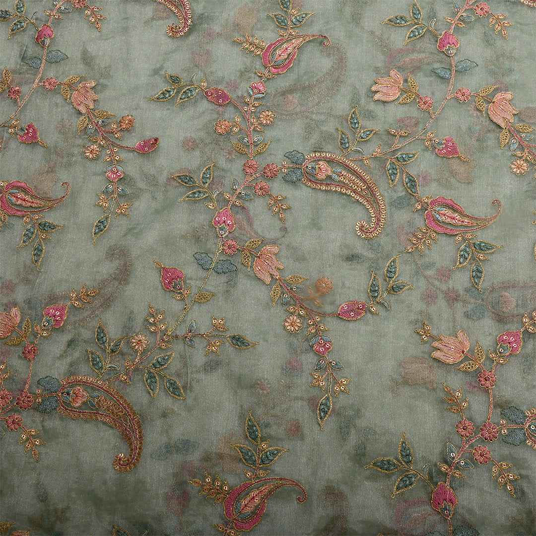 Turquoise Green Tissue Embroidered Fabric