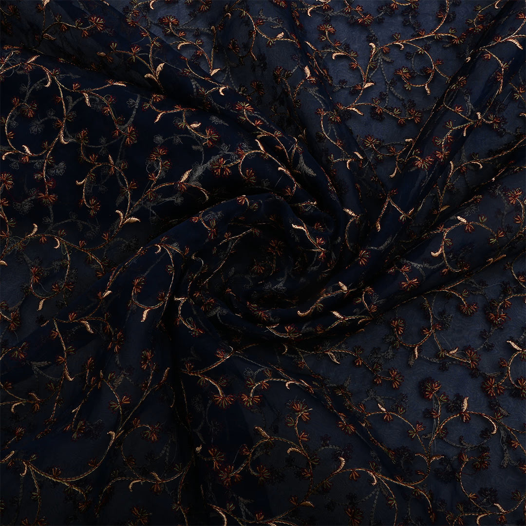Dark Blue Gray Organza Thread Work Fabric