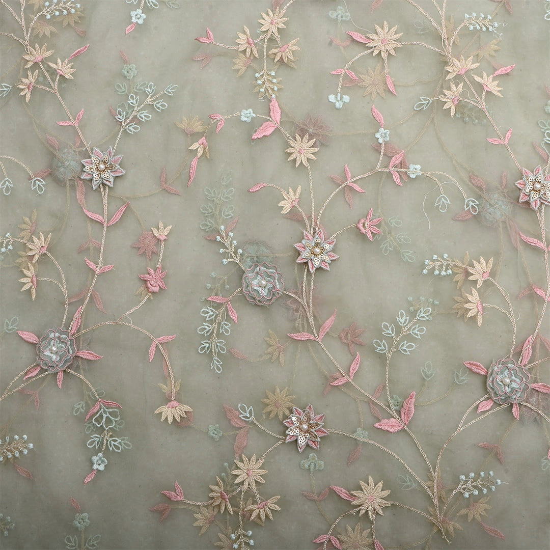 Lemon Gray Green Organza Embroidered Fabric