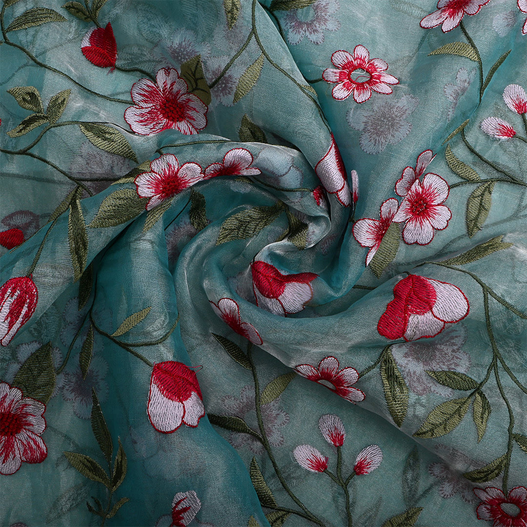 Beetle Green Tissue Embroidered Fabric