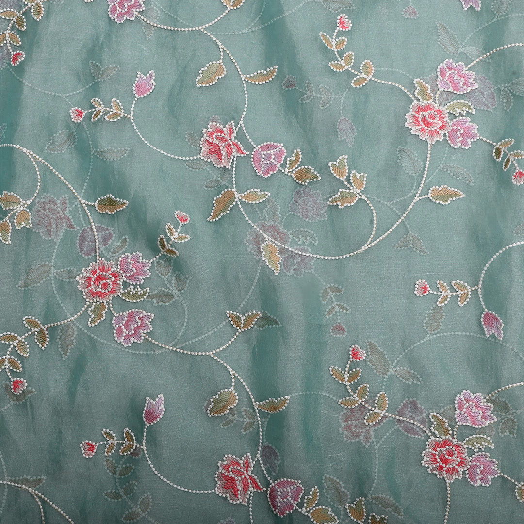 Greyish Teal Tissue Embroidered Fabric