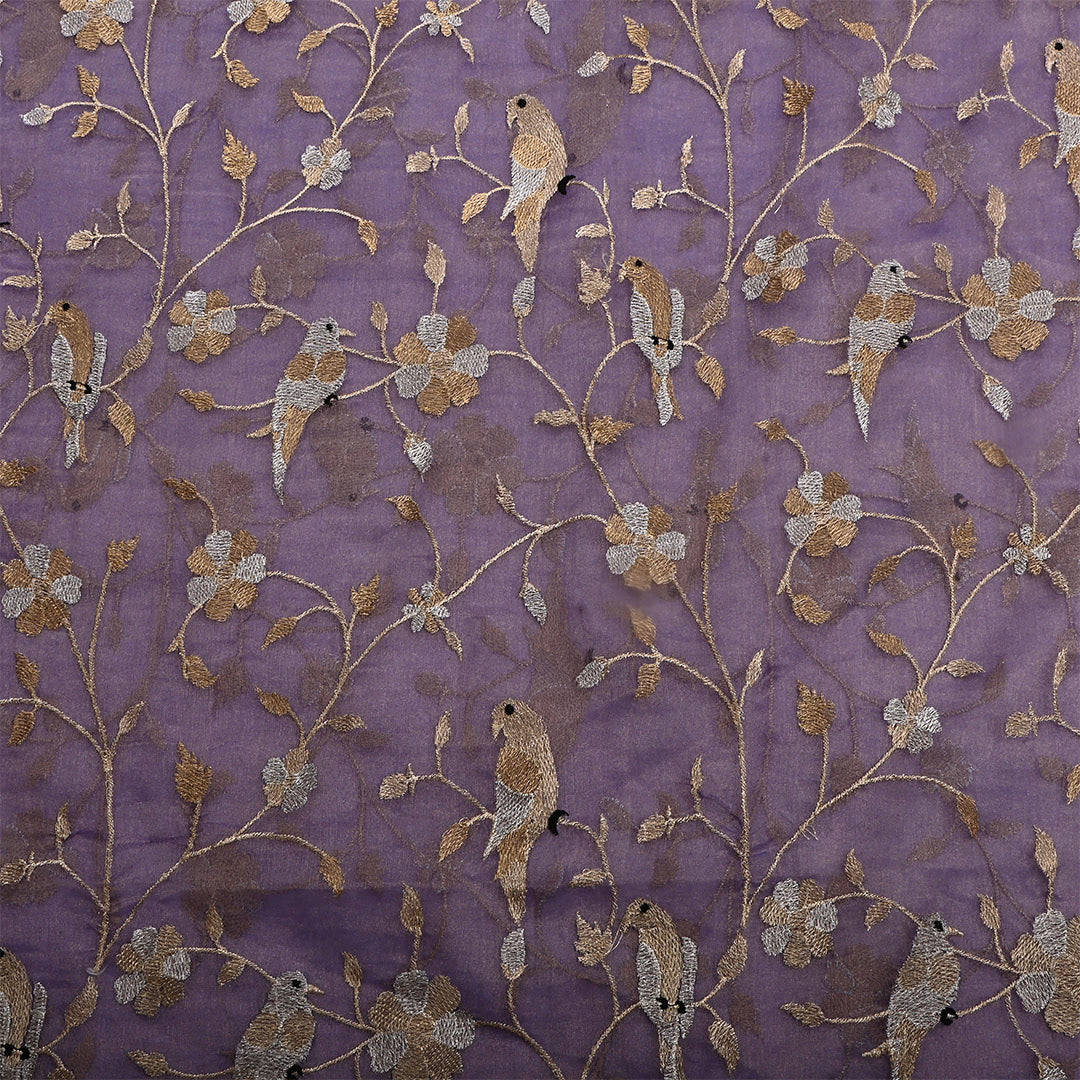 Mauve Purple Tissue Organza Embroidered Vine Fabric
