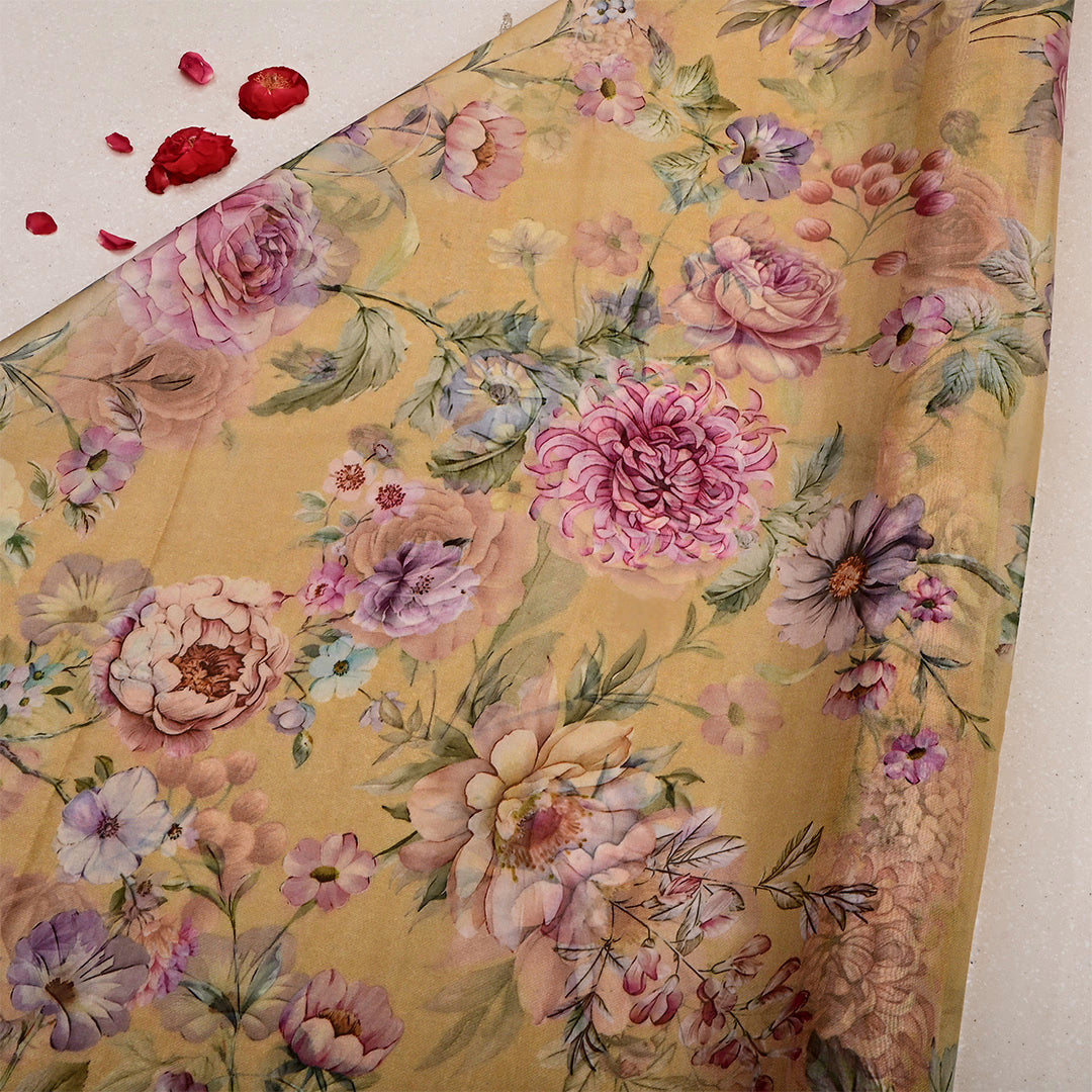 Sand Brown Organza Floral Printed Fabric