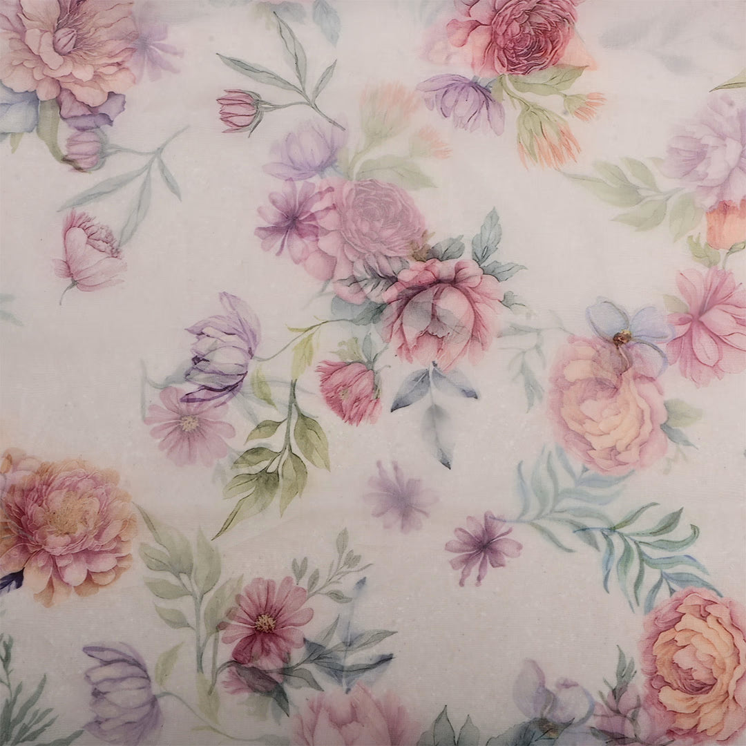 White Organza Floral Printed Fabric