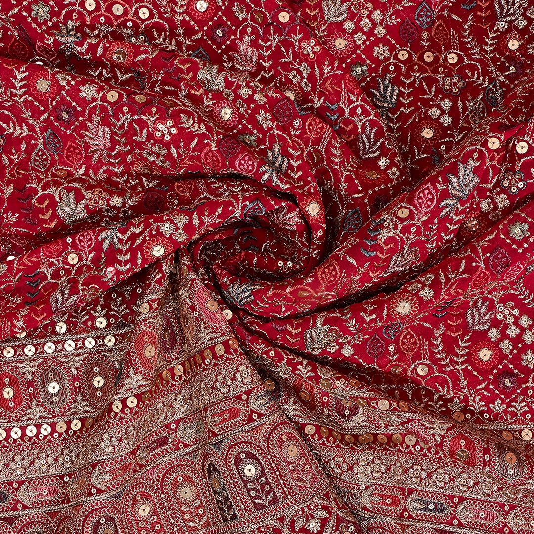 Red Georgette Embroidered Fabric