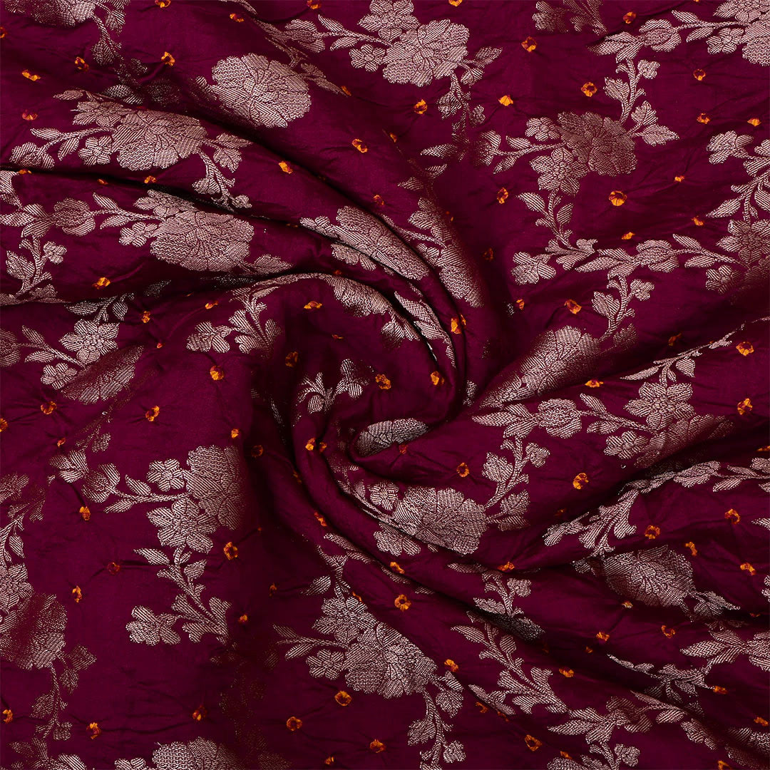 Castro Pinkish Red Silk Bandhani Fabric With Floral Jaal