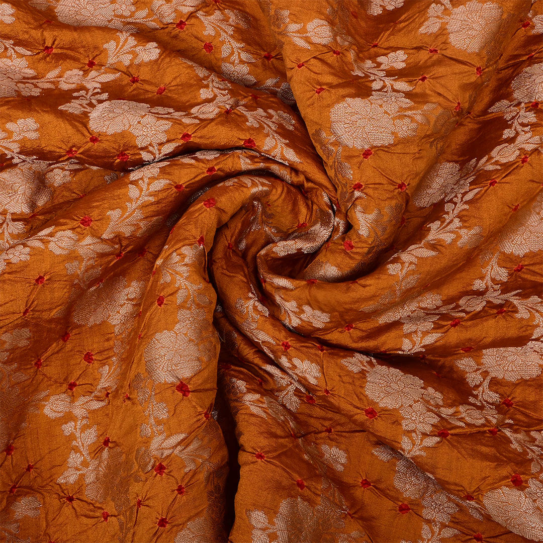 Rust Brown Silk Bandhani Fabric With Floral Jaal