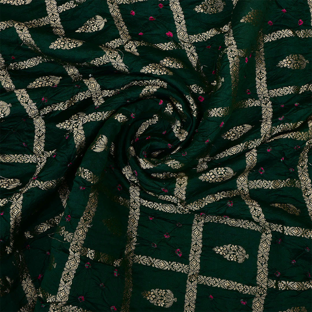 Timber Green Silk Bandhani Fabric With Floral Jaal
