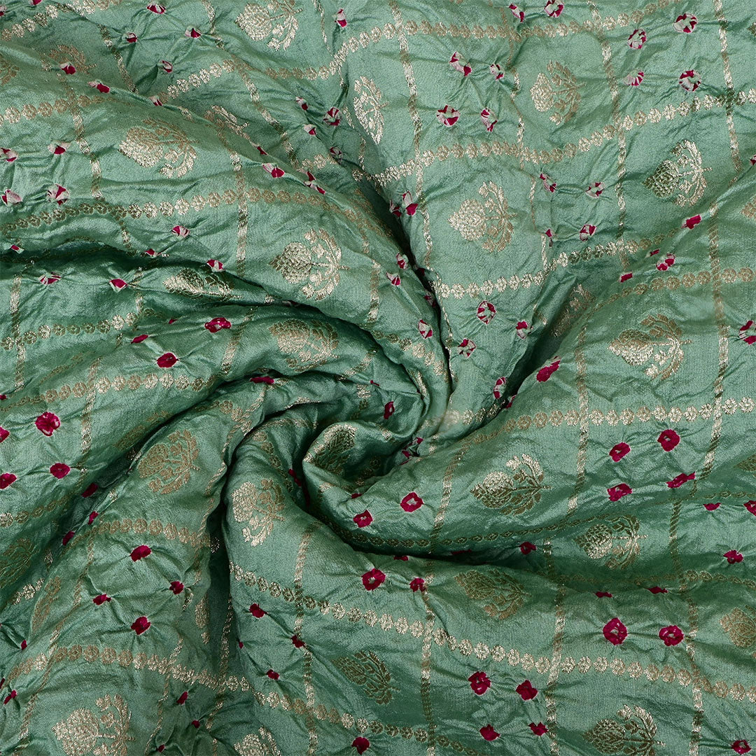 Viridian Green Silk Bandhani Fabric With Checks Patterns