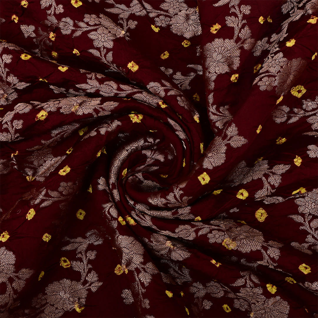 Sepia Black Silk Bandhani Fabric With Jaal Design