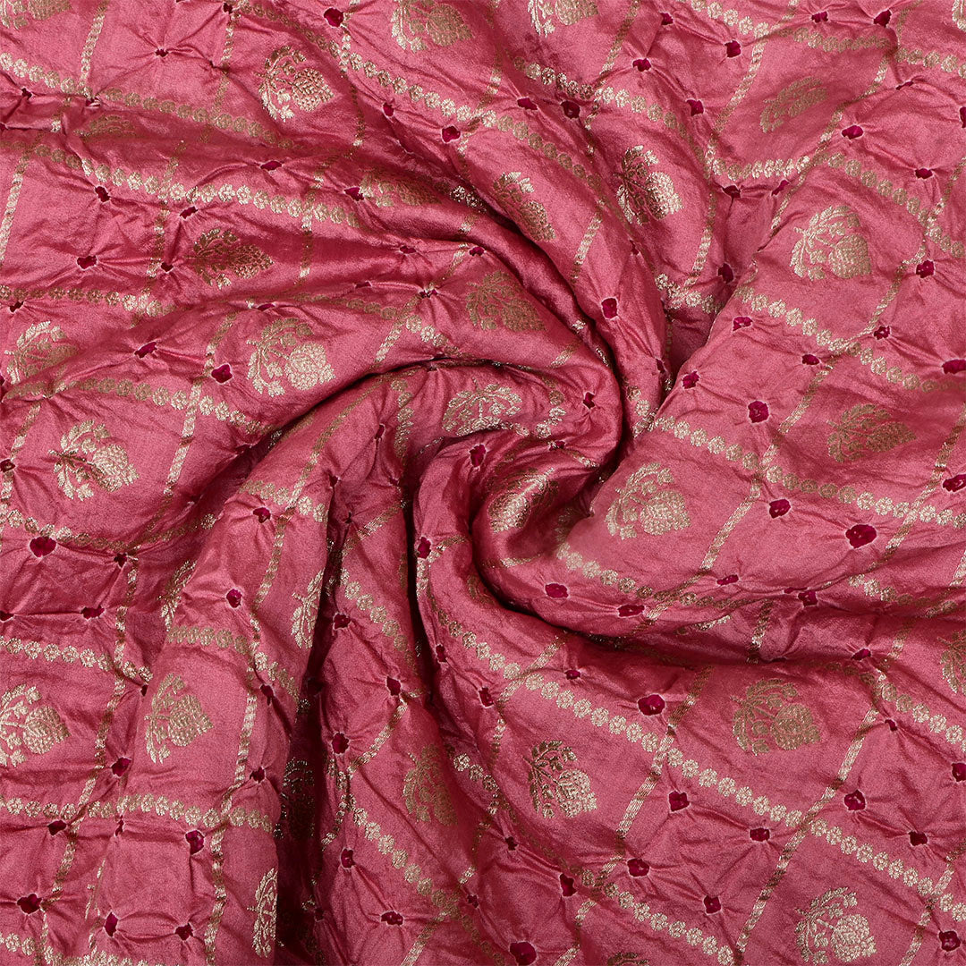 Dark Rose Pink Silk Bandhani Fabric With Checks Pattern