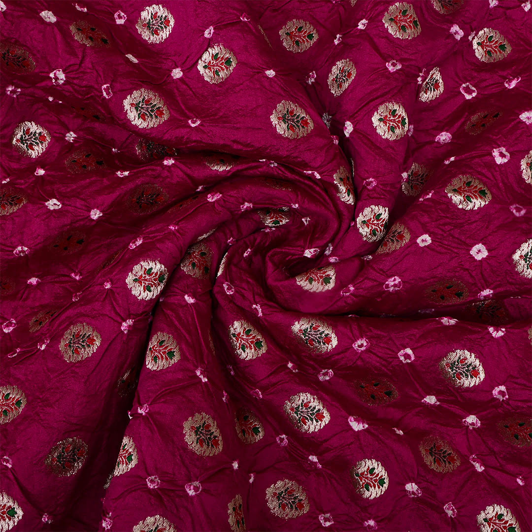 Magenta Rose Silk Bandhani Fabric With Motifs