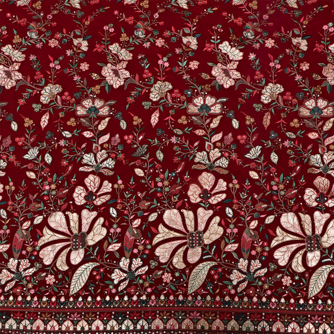 Claret Red Georgette Embroidered Fabric