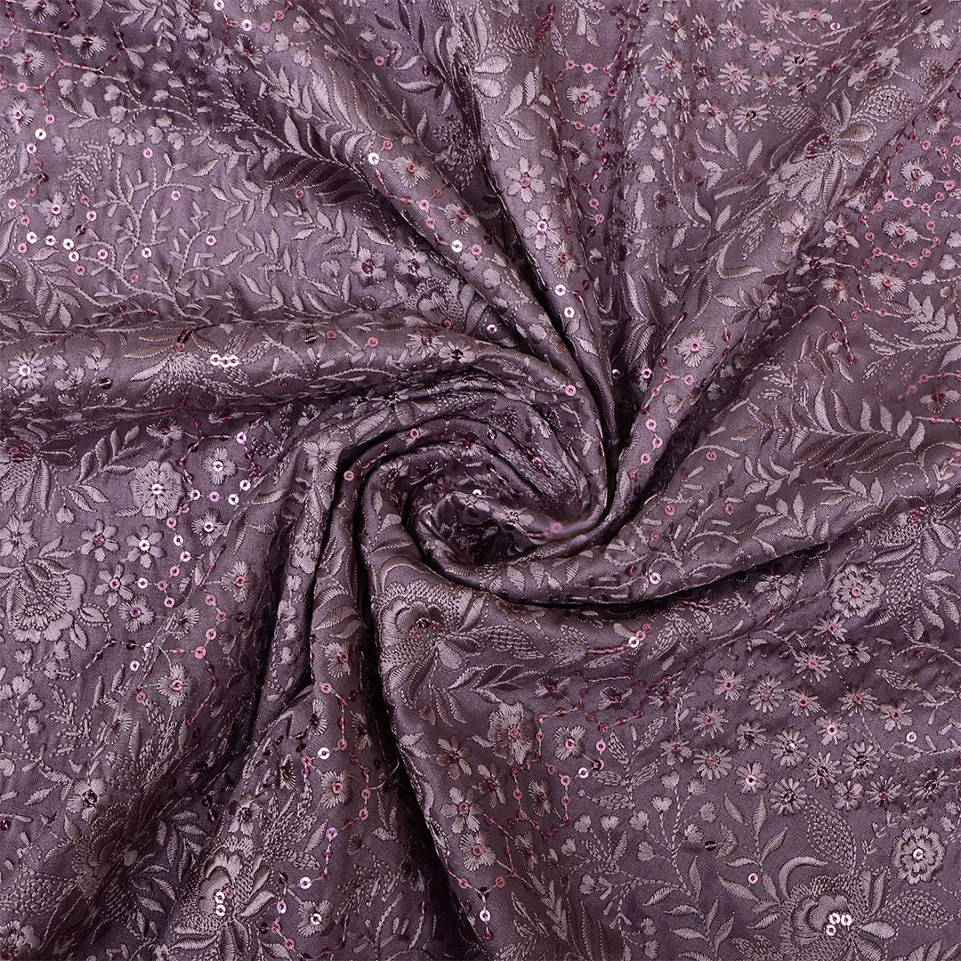 Purple Taupe Silk Embroidered Fabric