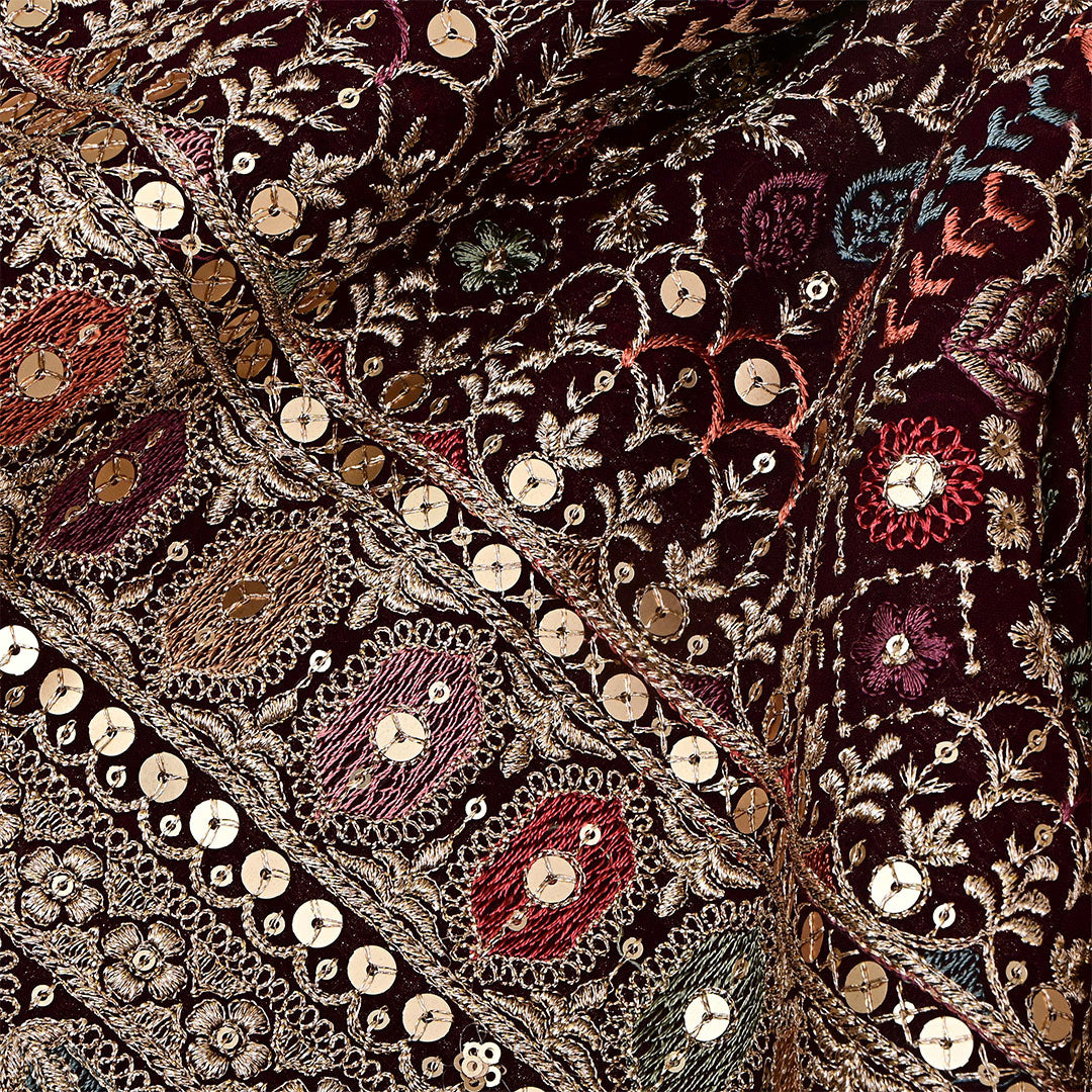 Sapia Black Brown Georgette Embroidered Fabric