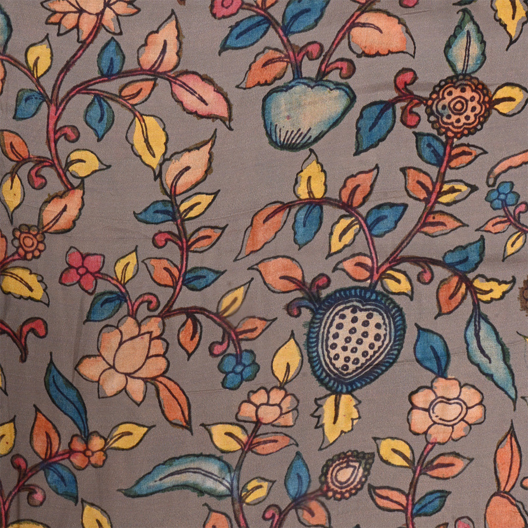 Cinereous Red Satin Fabric With Kalamkari Print