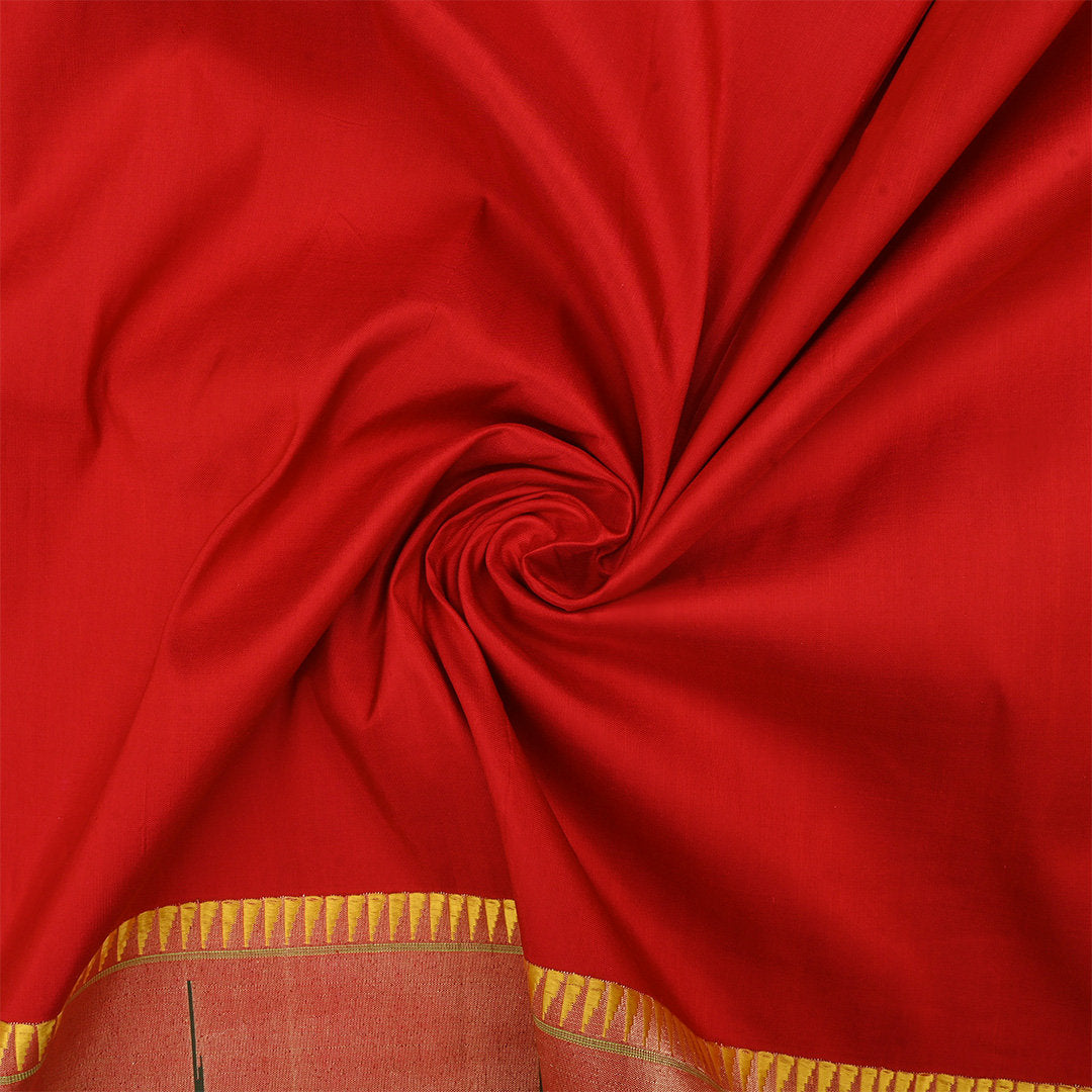 Fire Engine Red Solid Silk Fabric With Paithani Border