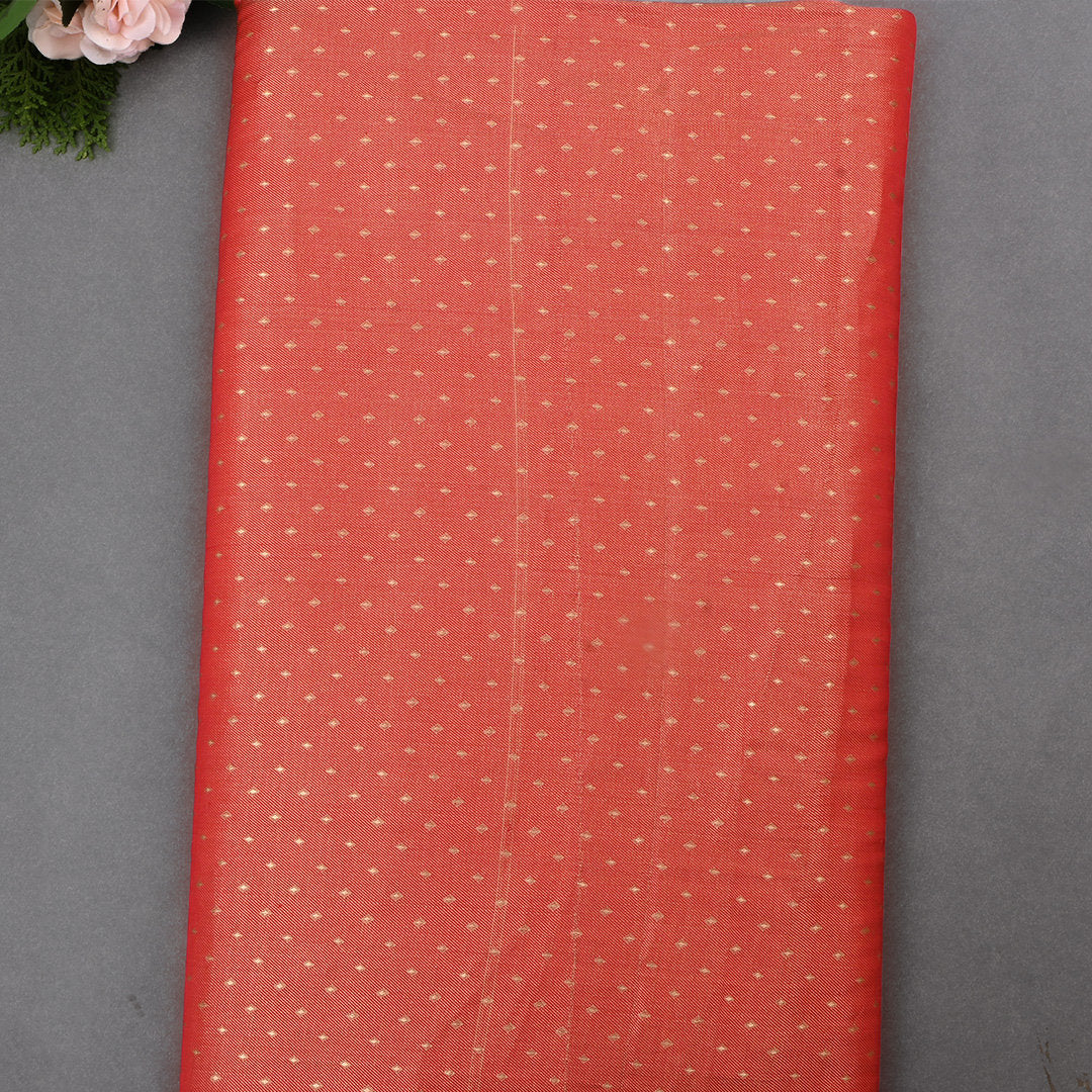 Dark Coral Jamawar Tissue Fabric With Dotted Pattern