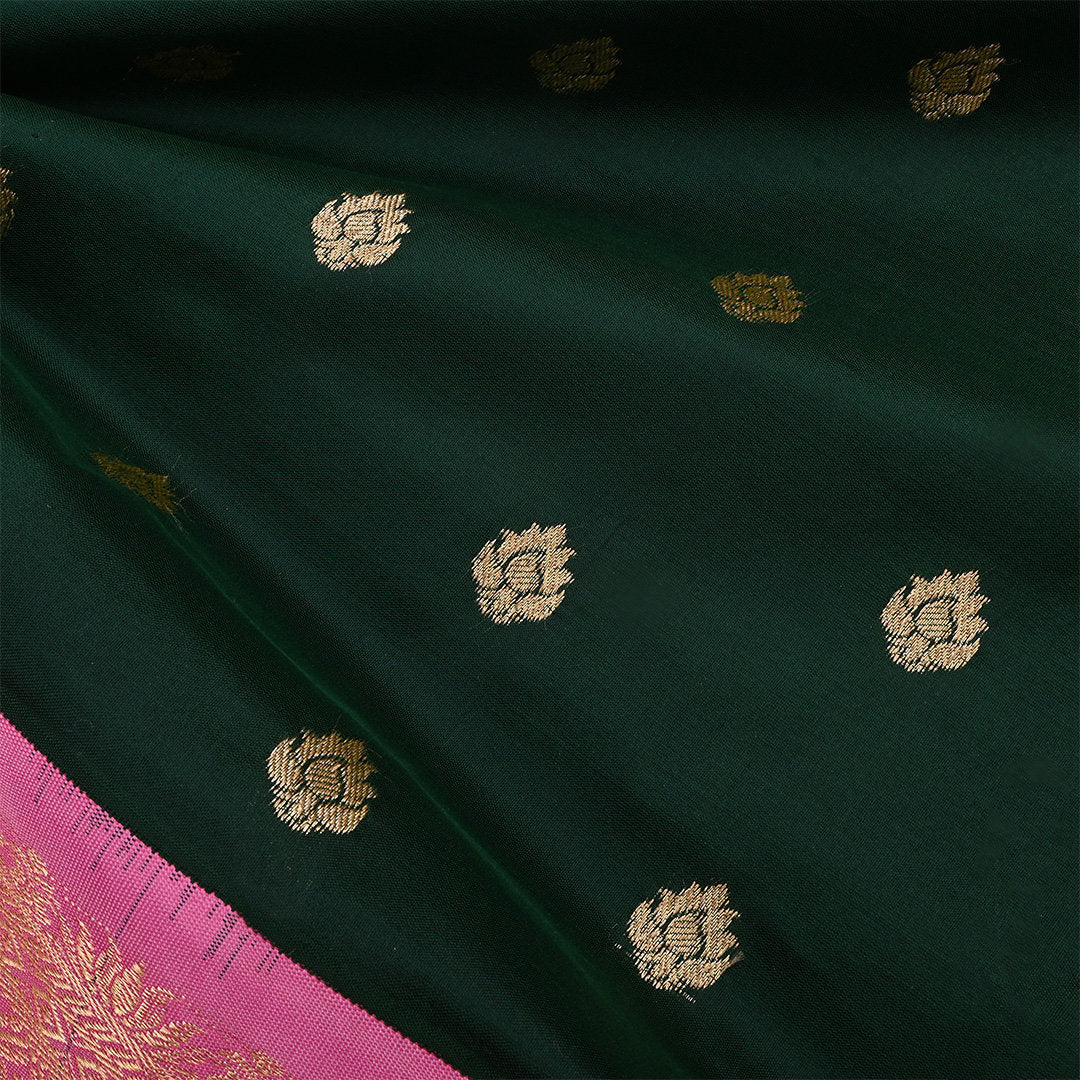 Bottle Green Jamawar Silk Fabric With Contrast Border
