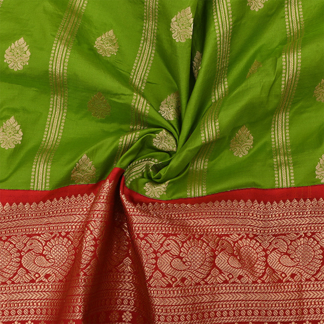 Sap Green Jamawar Silk Fabric With Contrast Border