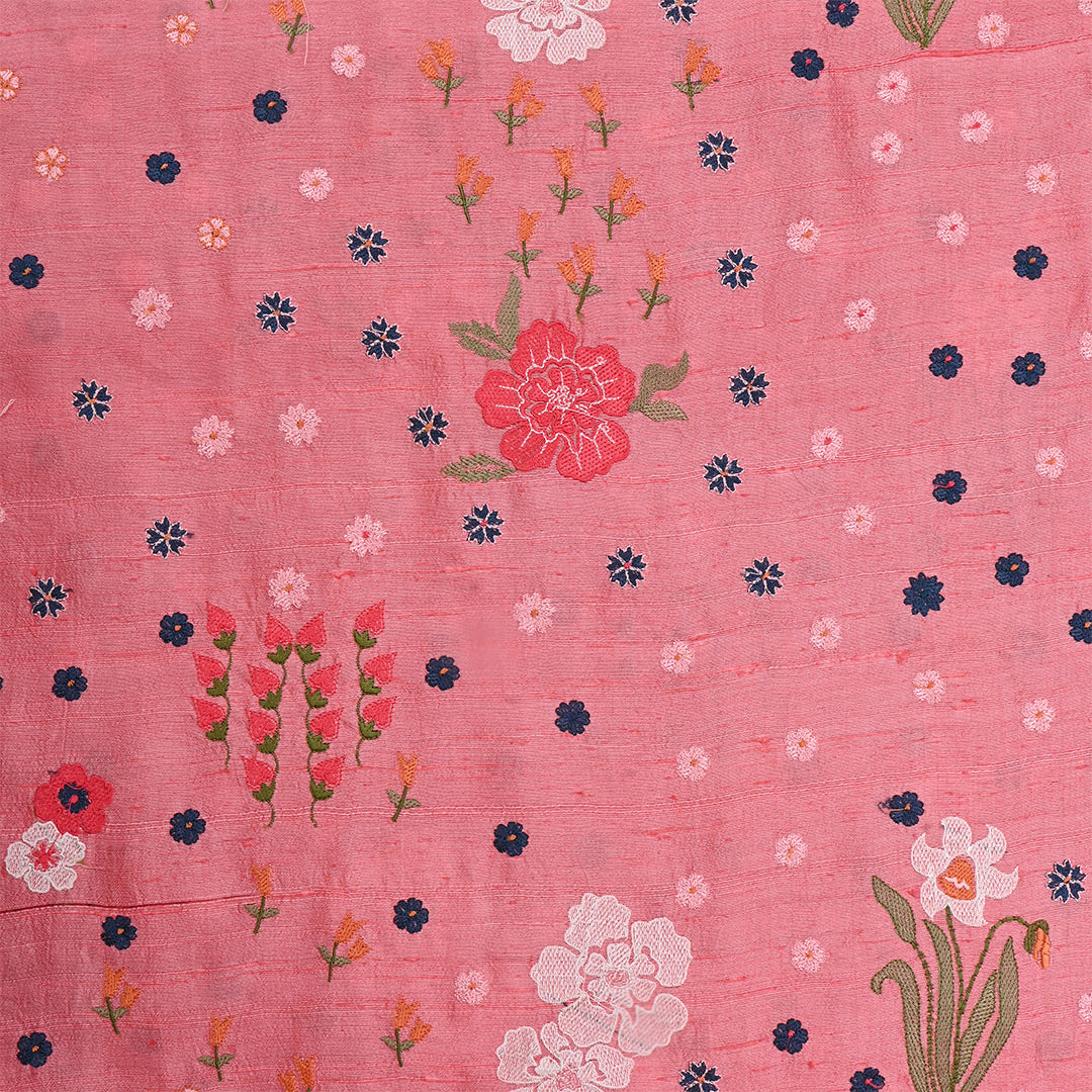 Indian Red Dupion Raw Silk Embroidered Fabric