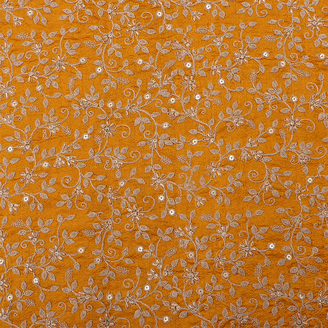 Orange Brown Dupion Raw Silk Zari Embroidered Fabric