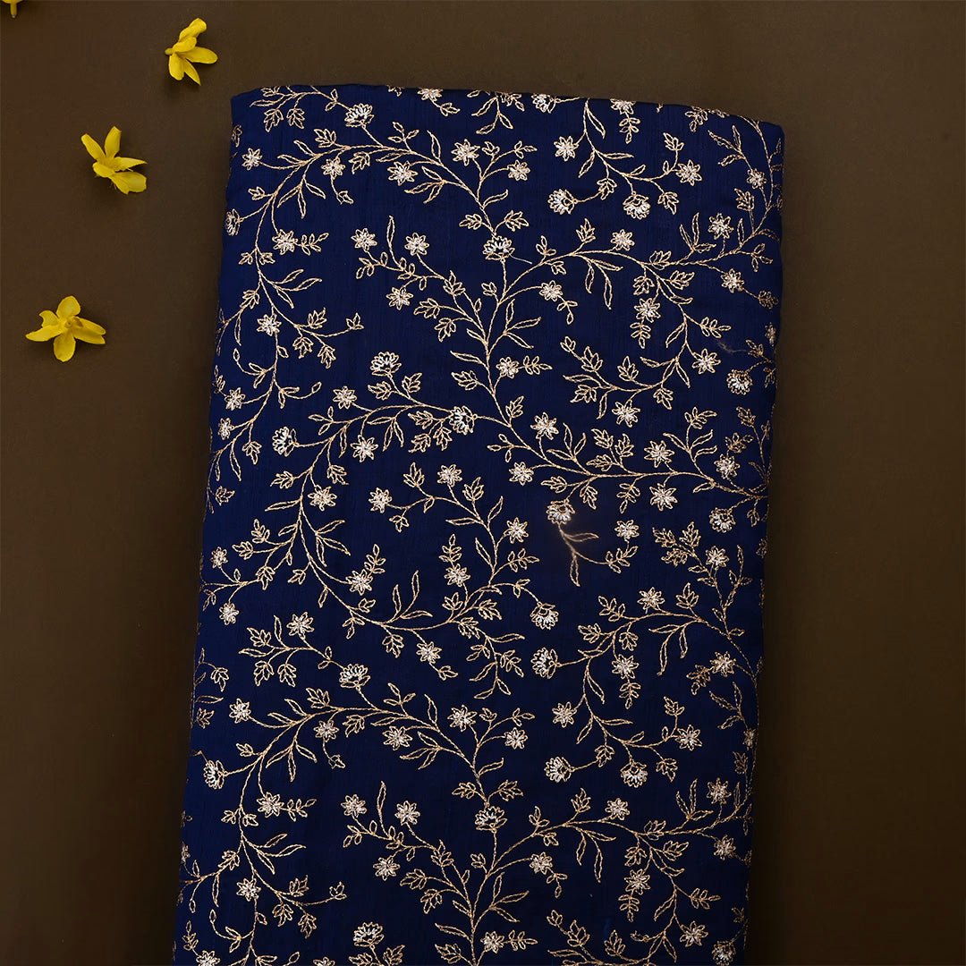 Dark Navy Blue Dupion Rawsilk Zari Embroidered Fabric