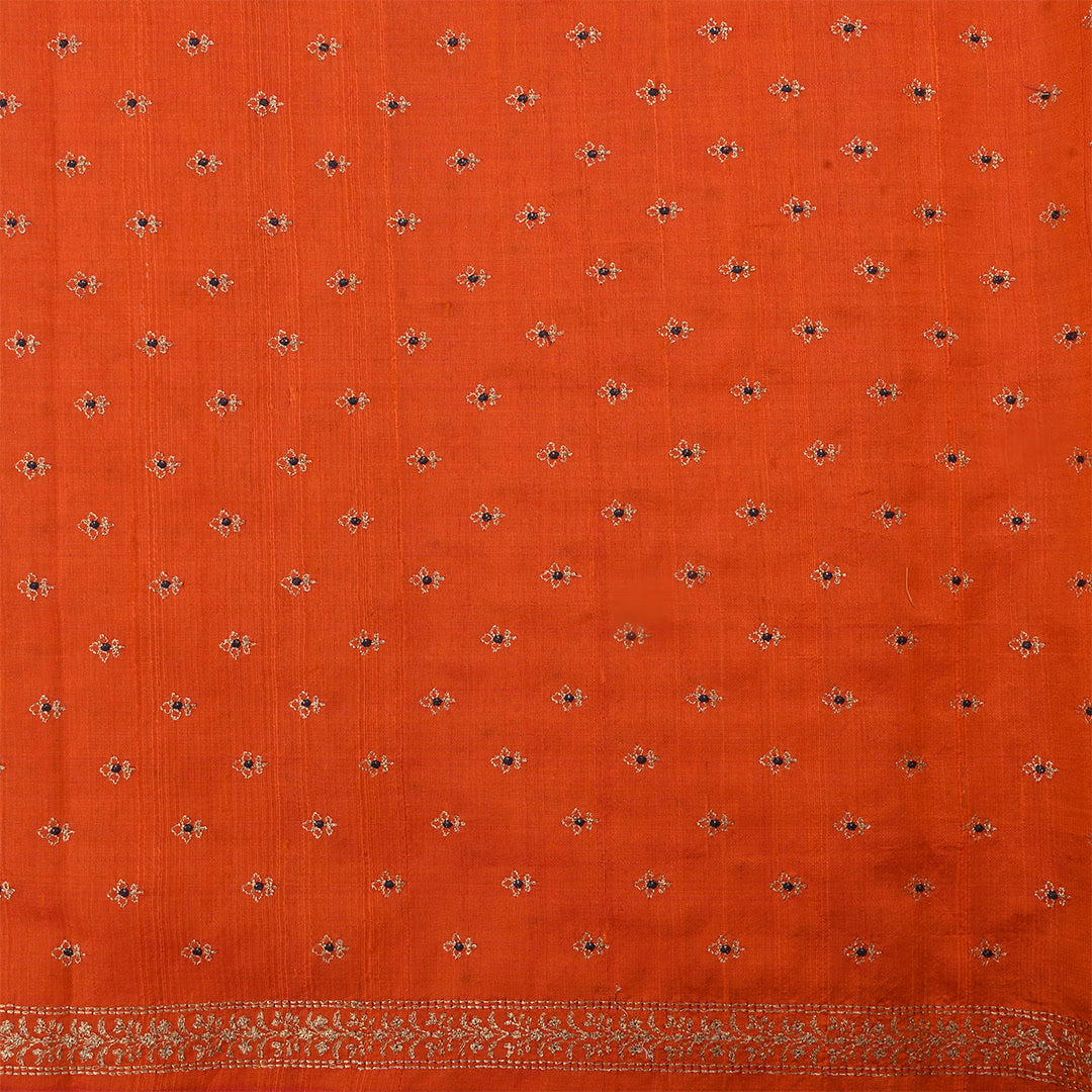 Orange Dupion Raw Silk Zari Embroidered Fabric
