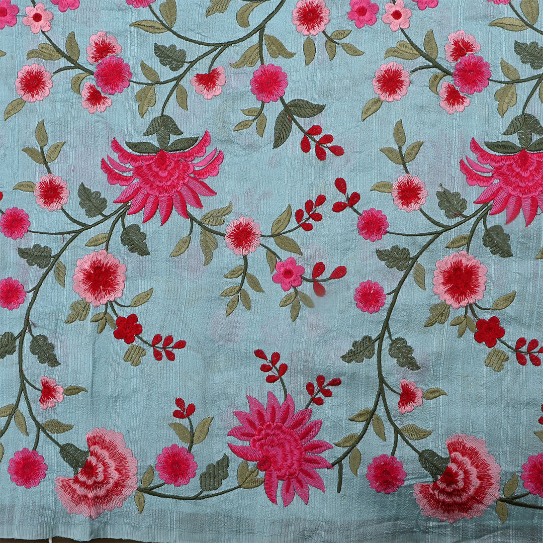 Gull Gray Cyan Dupion Raw Silk Embroidered Fabric