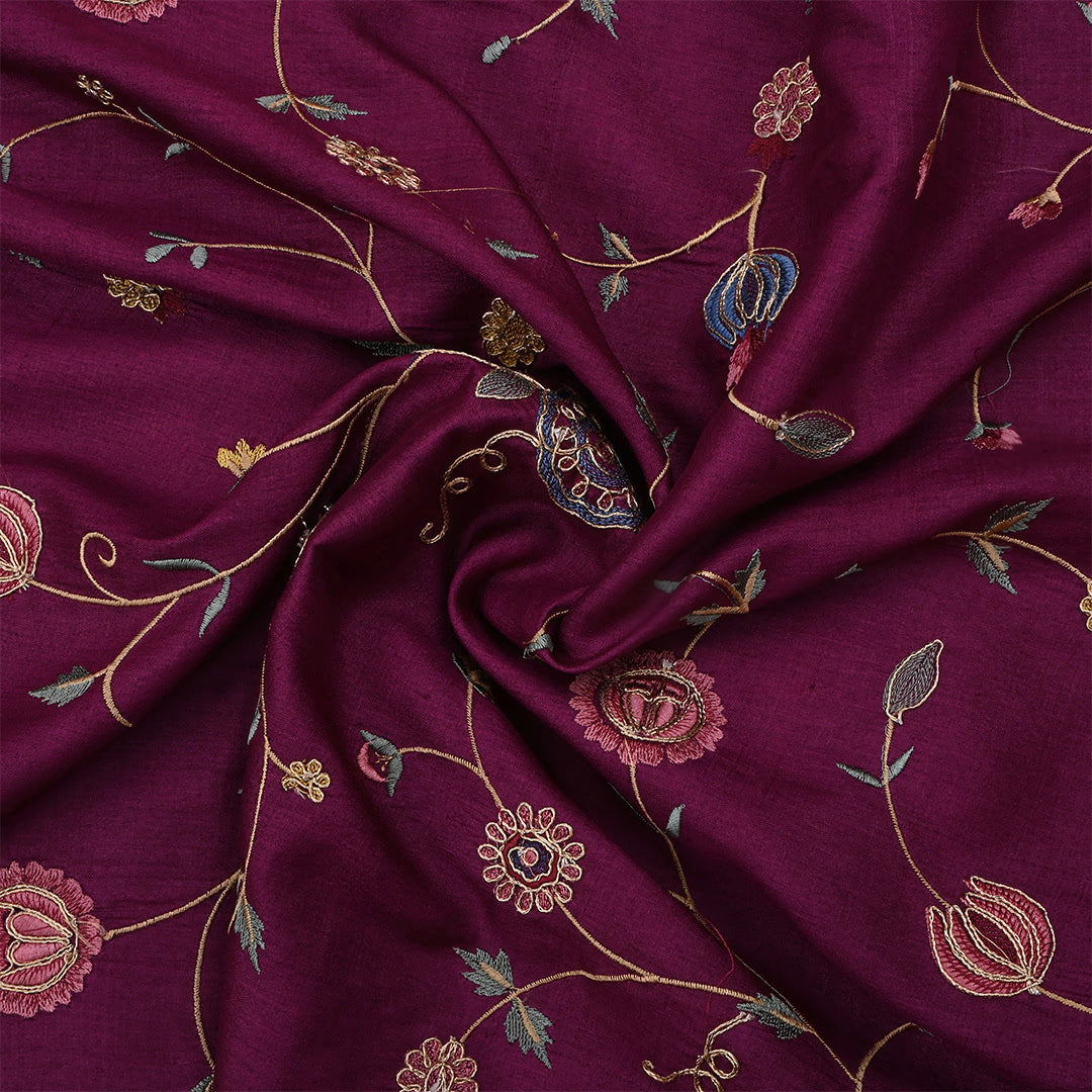 Wine Berry Tussar Embroidered Fabric