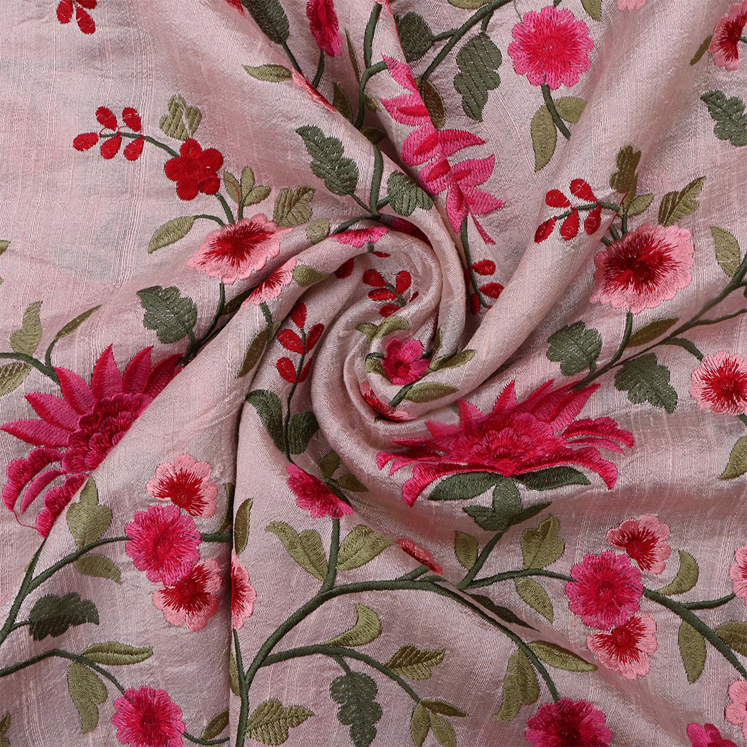 Pink Flare Dupion Raw Silk Embroidered Fabric