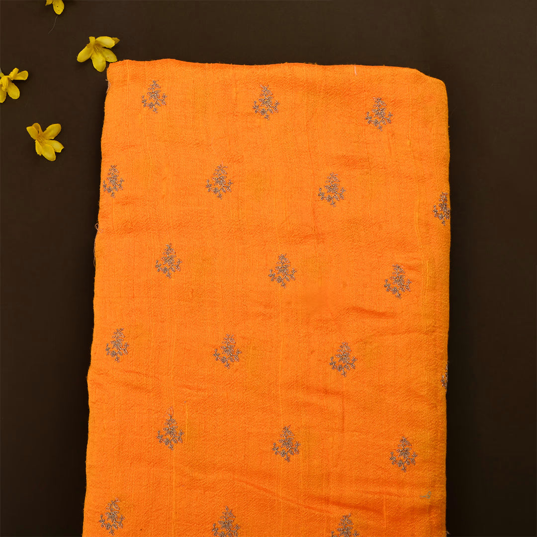 Coco Brown Orange Dupion Raw Silk Zari Embroidered Fabric