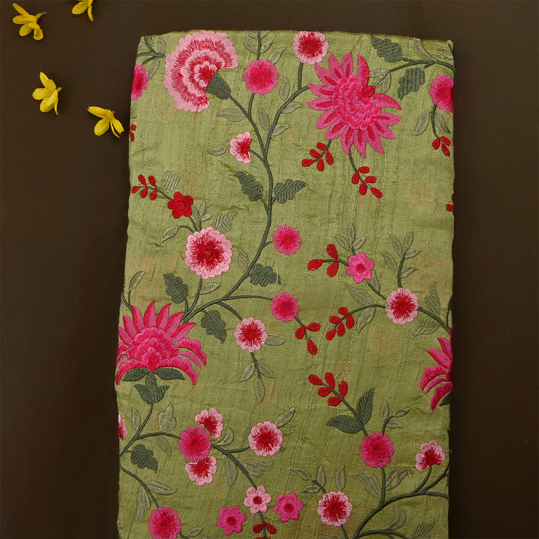 Muddy Green Dupion Raw Silk Embroidered Fabric