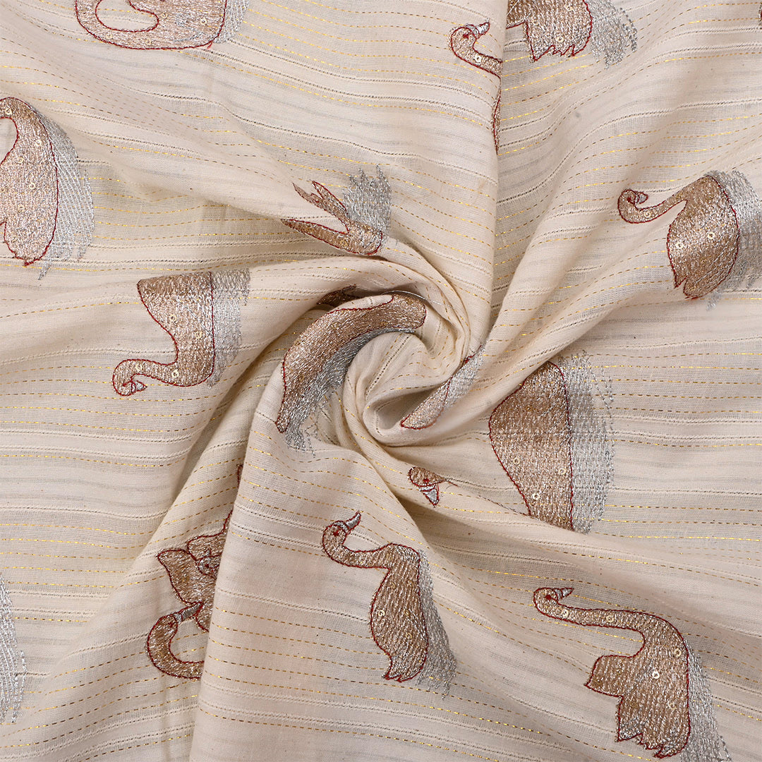 Light Beige Cotton Swan Zari Embroidered Fabric