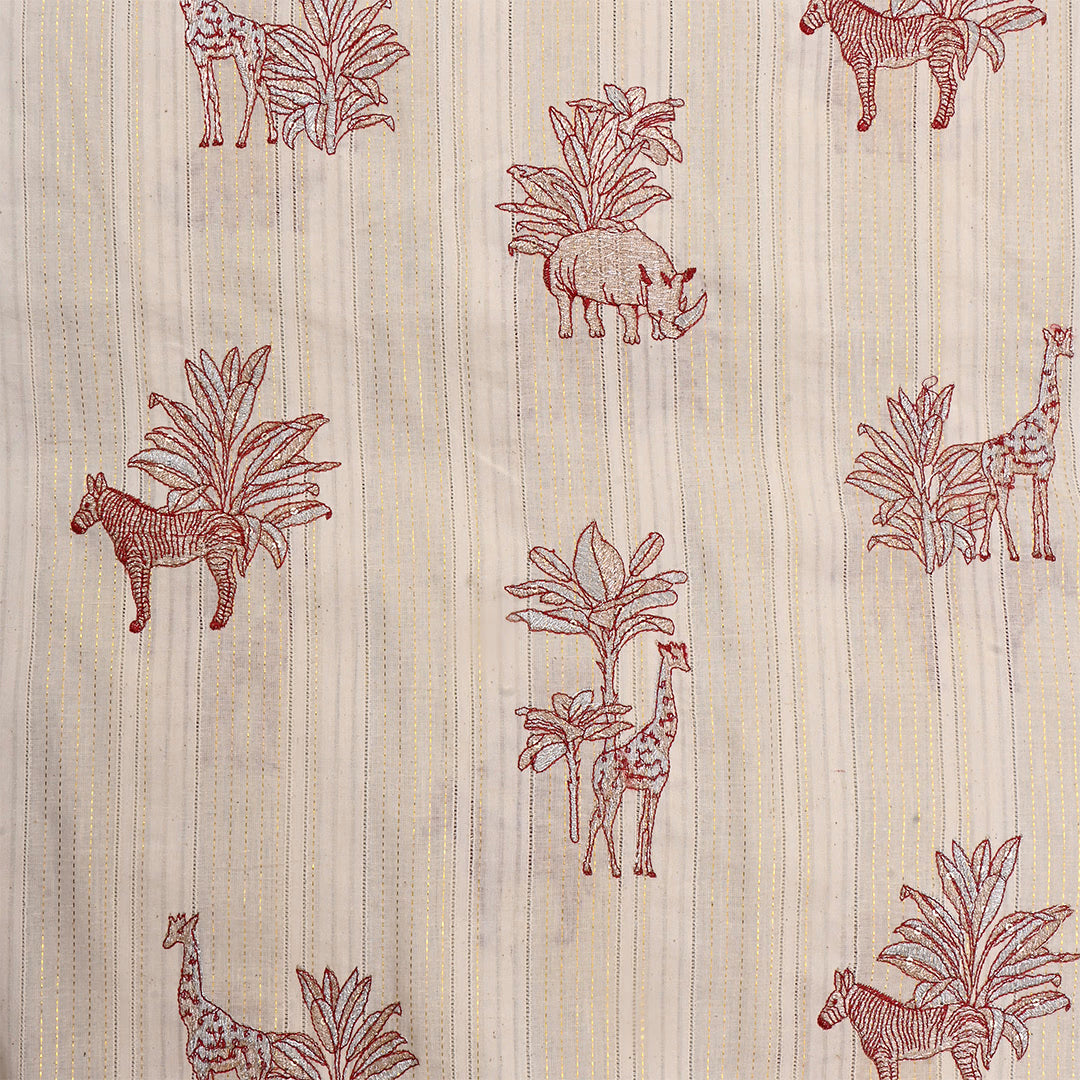 Vanilla Orange Cotton Embroidered Fabric With Animal Motifs