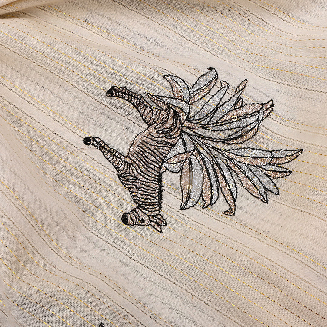 Off-White Cotton Embroidered Fabric With Zebra Motifs