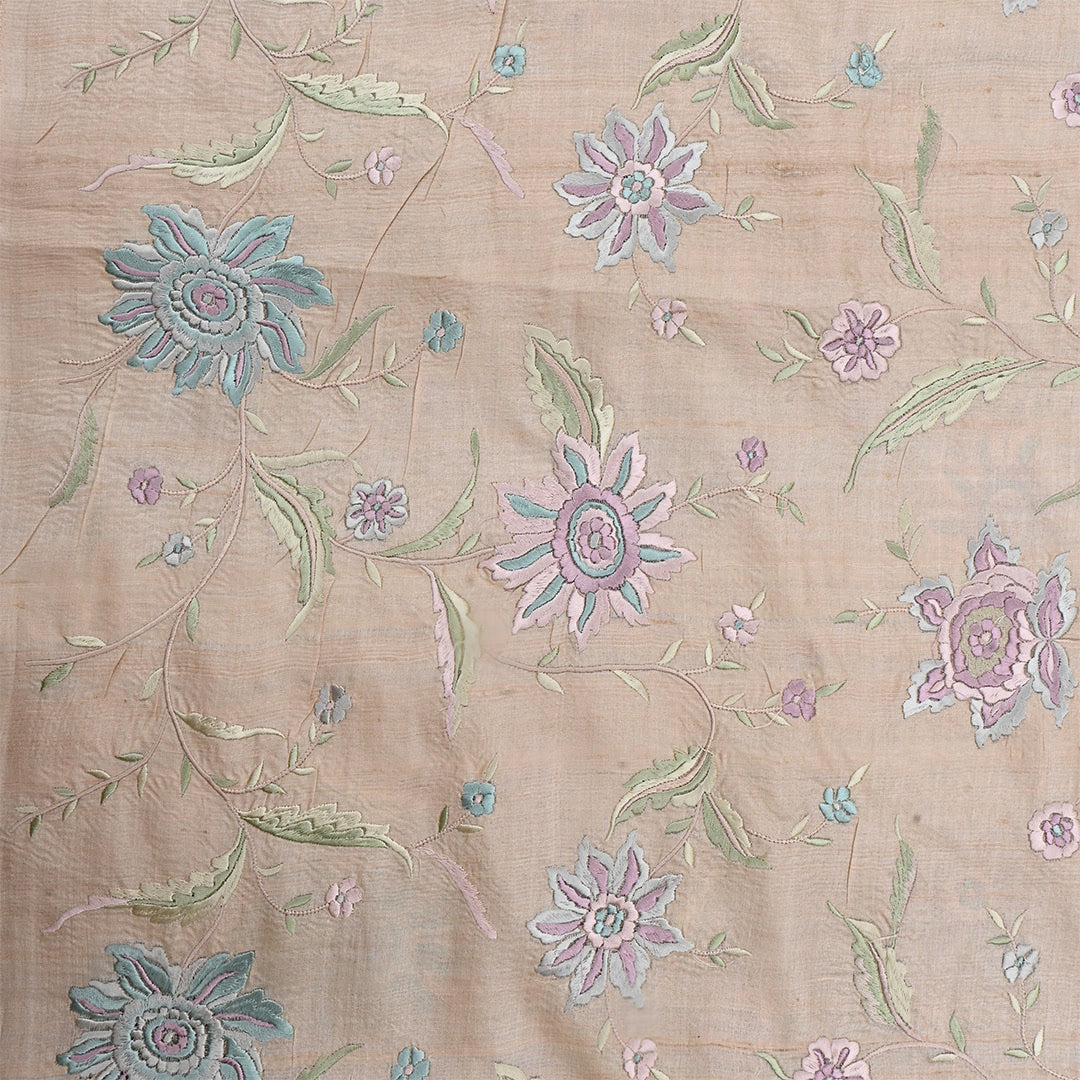 Almond Beige Tussar Embroidered Fabric With Floral Jaal