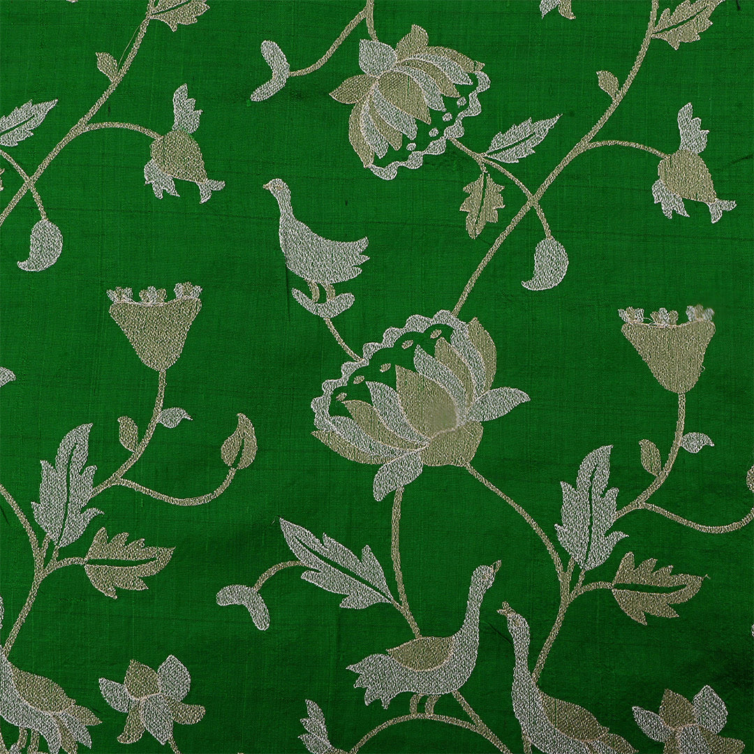 Deep Green Dupion Raw Silk Embroidered Fabric
