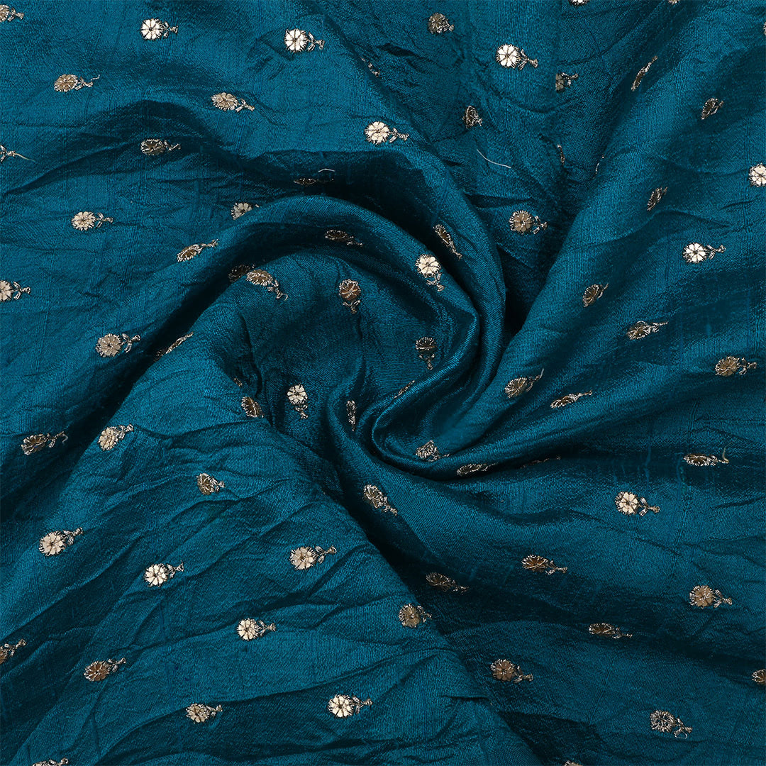 Deep Sea Blue Dupion Raw Silk Embroidered Fabric